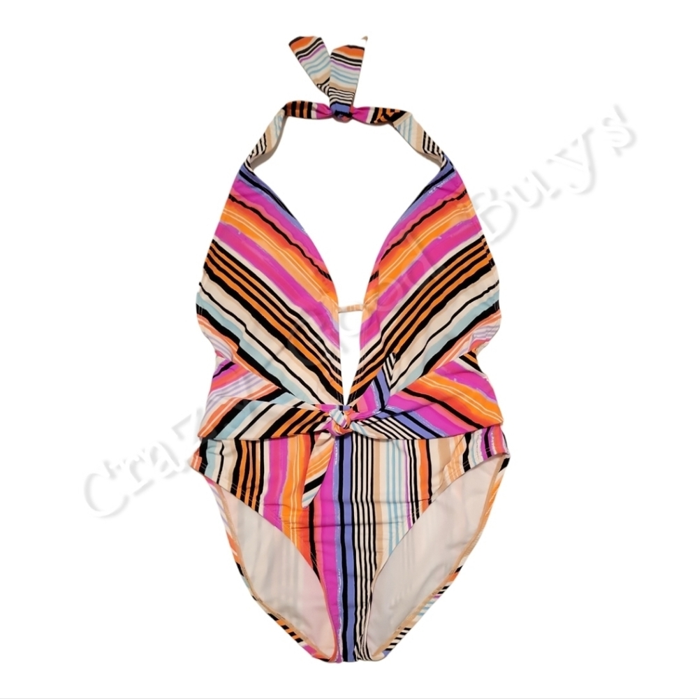Reaction by Kenneth Cole Over the Rainbow Striped Plunge One-Piece Swimsuit, L